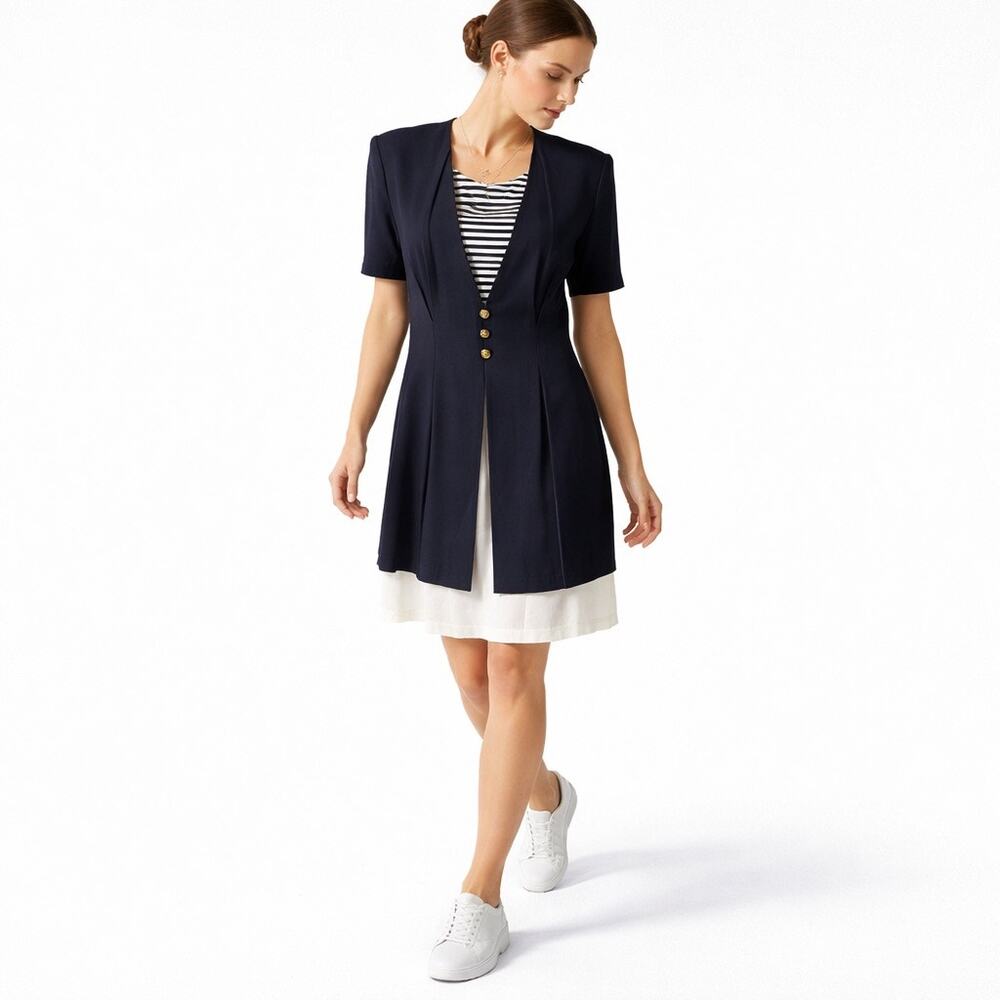 Scarlett Navy Nautical Dress Built-In Striped Insert Gold Buttons 12 Petite
